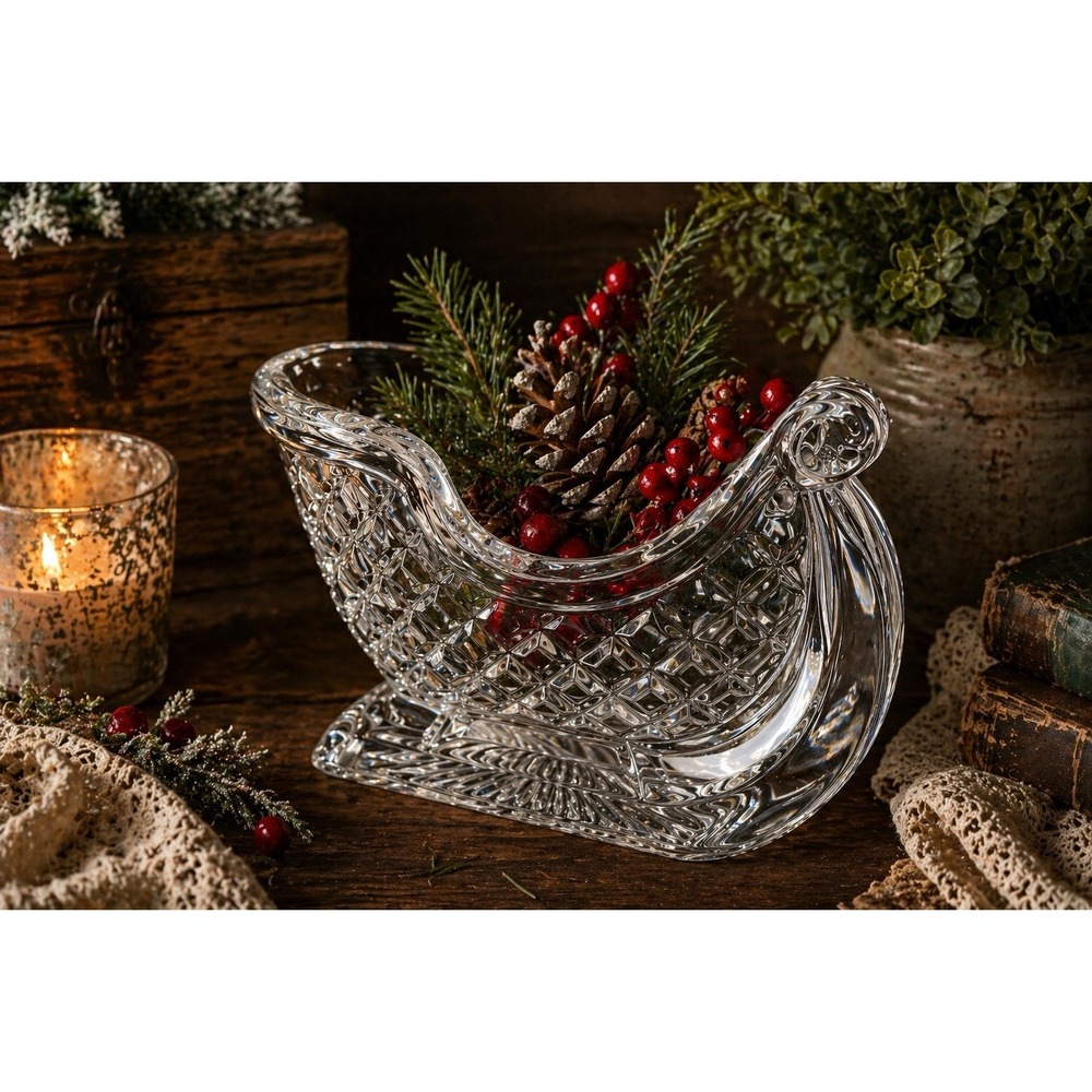 Vintage Christmas Sleigh Candy Dish 24% Lead Crystal Heavy Glass USA 1980s
